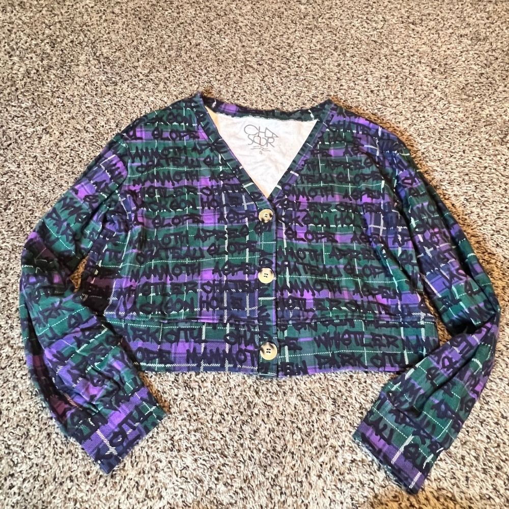 Chaser Womens‎ Purple Green Plaid Graffiti Ski Aspen Vail Cropped Cardigan Small